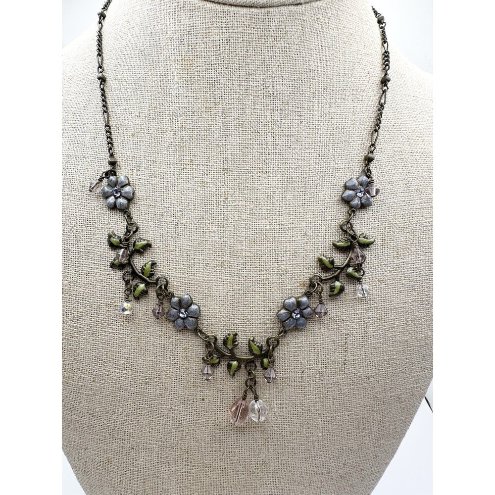 Cookie Lee Enamel Crystal Flower Necklace With Dangle Pearls 18”